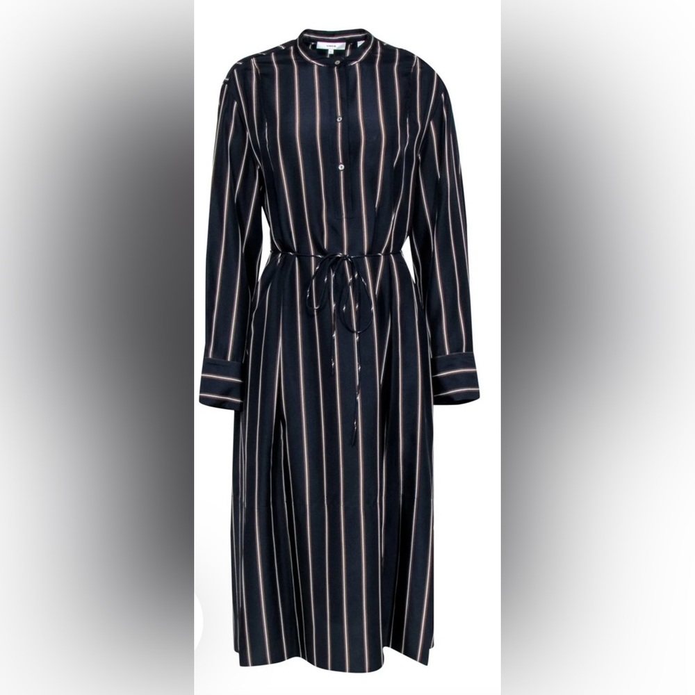 Vince Navy Blue Long Sleeve Striped Shirt Dress